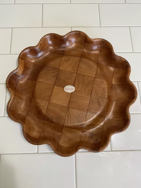 Woven Wood Serving Tray Scalloped Edge Vintage Round 16” Retro Platter