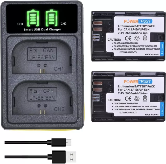 PowerTrust 2x LP-E6 LP-E6N Battery with Charger is compatible with Canon LP E6