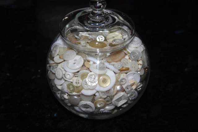 Princess House Crystal Jar Handblown Bowl w Lid full vintage white button lot