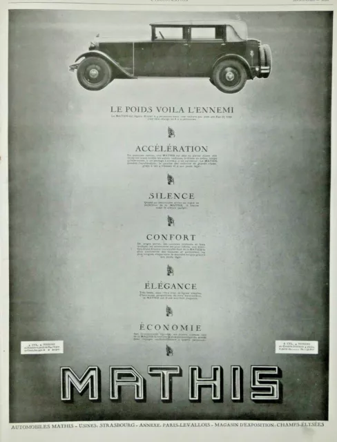 Publicité De Presse 1929 Automobiles Mathis 4 Cylindres 4 Vitesses En Roadster