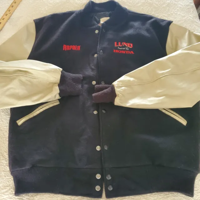 VINTAGE Lund Rapala Leather Wool Varsity Snap Jacket Mens 2XL  Black