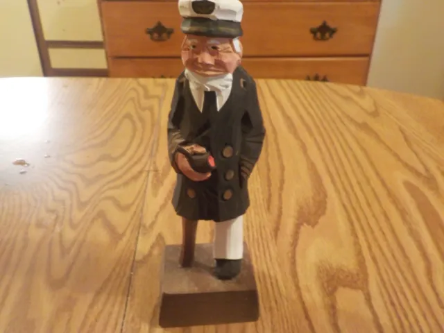 Nautical Folk Art Hand Carved Sea Captain With Peg Leg & Pipe In Hand