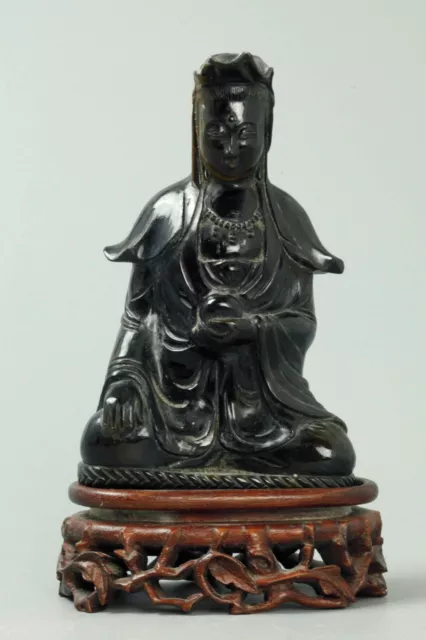 ⭕️Rare 19th Century Tiger Eye Stone Sculpture of a seated Buddha with wood stand