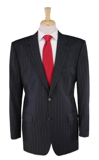 Hugo Boss Gable/Vegas Charcoal Black w/ Sky Blue Striped 2-Btn Wool Suit 44L