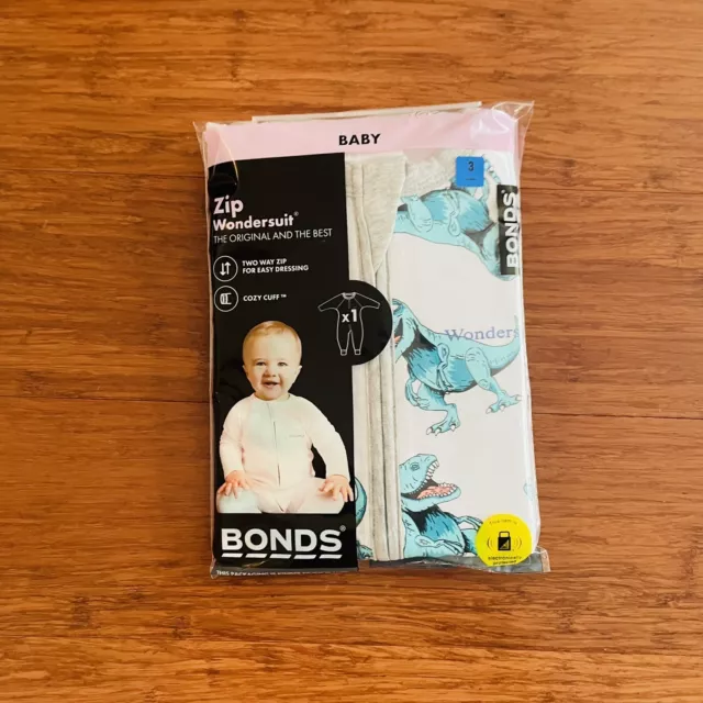 Bonds Baby Dinosaur T Rex Grey Blue White Long Sleeve Zip Wondersuit Size 3 BNIP