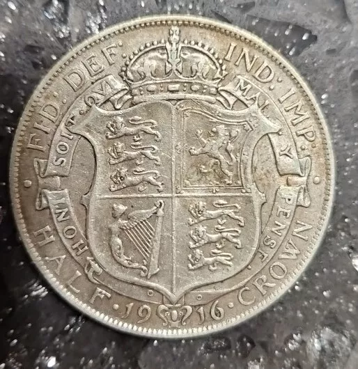 Decent grade - 1916 King George V Half Crown, .925 Silver Coin.