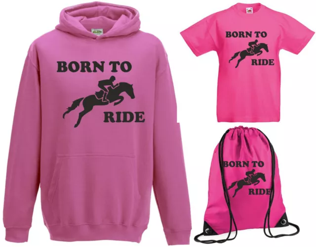 Felpa con cappuccio ragazzi ragazze bambini nati per cavalcare + maglietta + set regalo palestra salto a cavallo equitazione