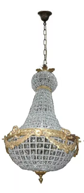 Antique Style French Empire Crystal Basket Gilded Brass Foyer Ceiling Chandelier