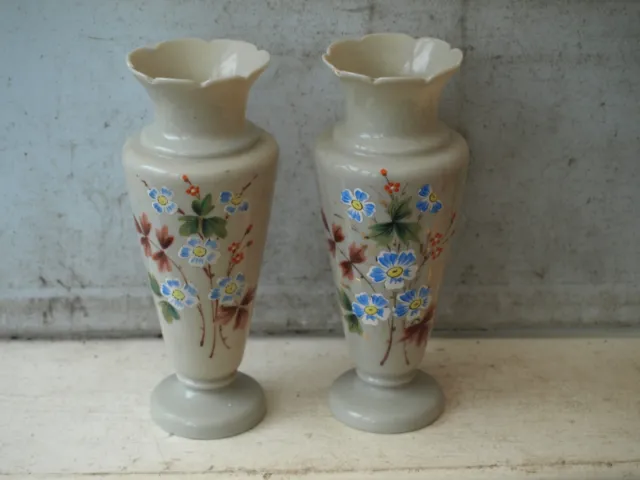 ANTIQUE PAIR VICTORIAN PALE GREEN OPALINE FLORAL HAND PAINTED VASES c1900