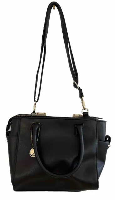 Big Buddha Zipper Black Handbag Purse Shoulder Satchel Gold Accents Faux READ 3