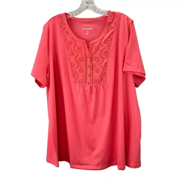 Woman Within Pullover Top Shirt Plus 1X 22/24 Coral Eyelet Short Sleeve NWOT