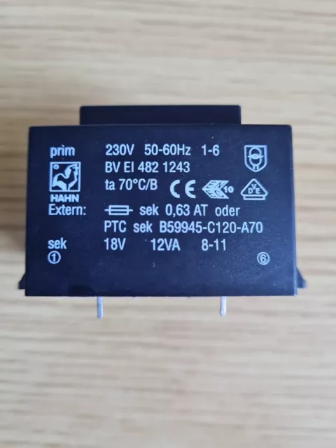 BV EI 482 1243 HAHN transformer encapsulated 12VA; 230VAC; 18V; 667mA; PCB; 350g