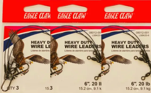 Eagle Claw 08012-001 Black Nylon Coated Leader 3CT 6" 20 lb test 9pc bundle