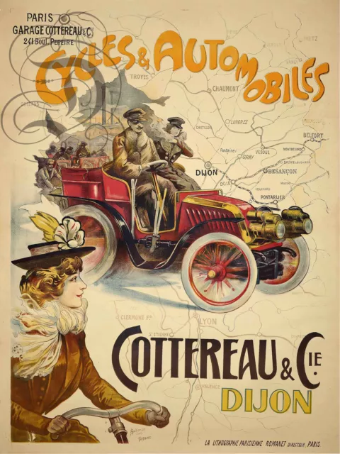 Repro Deco Affiche Cycles Automobiles Cottereau Dijon Sur Papier 310 Ou 190 Grs