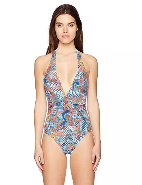 Red Carter L6516 Womens Ocean Multi Halter Maillot One Piece Swimsuit Size Large