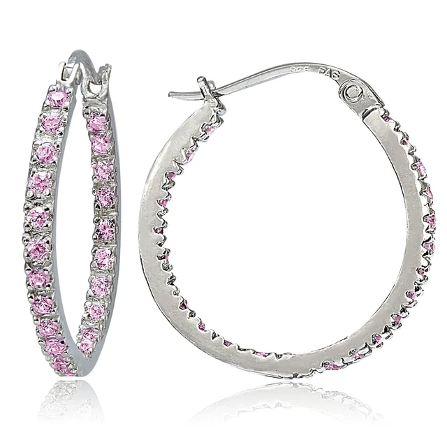 Boucles D'oreilles Créoles Zircon Cubique Argent Sterling 24mm - Rond, 0.6 Ct, Neuf Sans Emballage