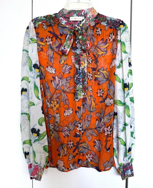 Tory Burch Kia Orange Garden Print Silk Shirt Top Green Floral Tie Neck 4 2