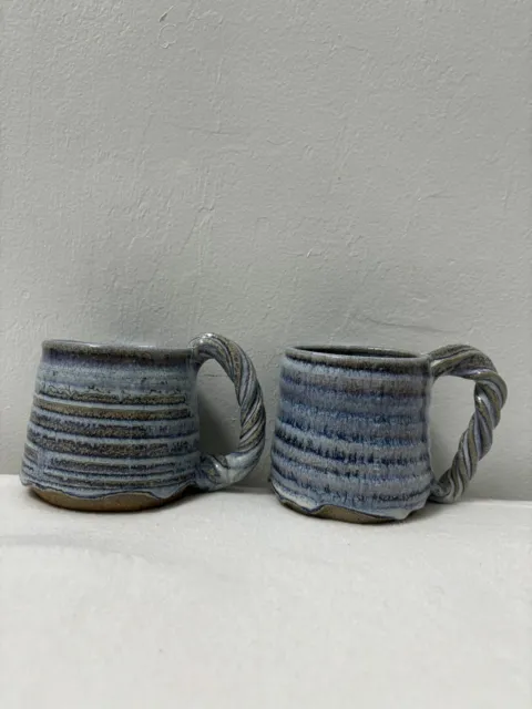 Two Vintage Signed Stoneware Pottery Blue Mugs With Handles. Holds 16 Ounces
