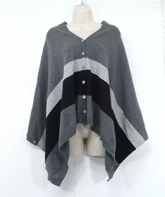 WOOLOVERS Soft Thin Knit CASHMERE MERINO WOOL Blend Grey Black Button Poncho