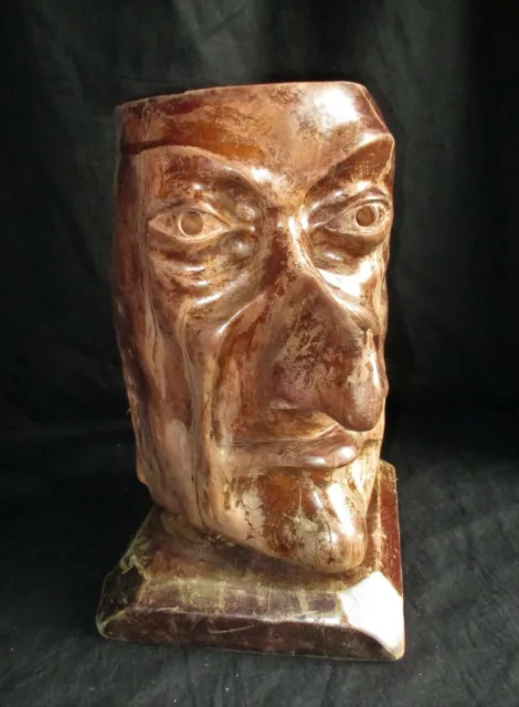 Vintage 9.5"(24cm) Carved Hard Wood Sculpture of a Man's Head with Big Nose