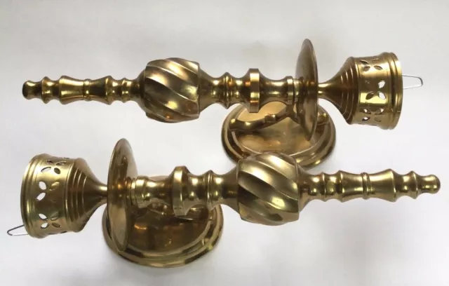 Pair of VTG Brass Sconces Candle Holders Wall Mount 10" India (No Globes) Heavy