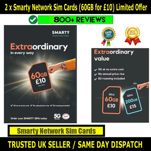 2 x Smarty Network Sim Cards From Three Network (60GB for £10) Limited Offer