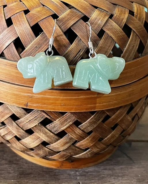 Aventurine Carved Gemstone Elephant Earrings with Sterling Silver.925 Earhooks