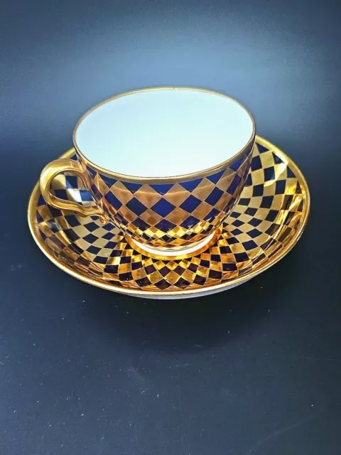 Antique Spode Cup & Saucer, Hand Painted Cobalt Background Gold Checker Design