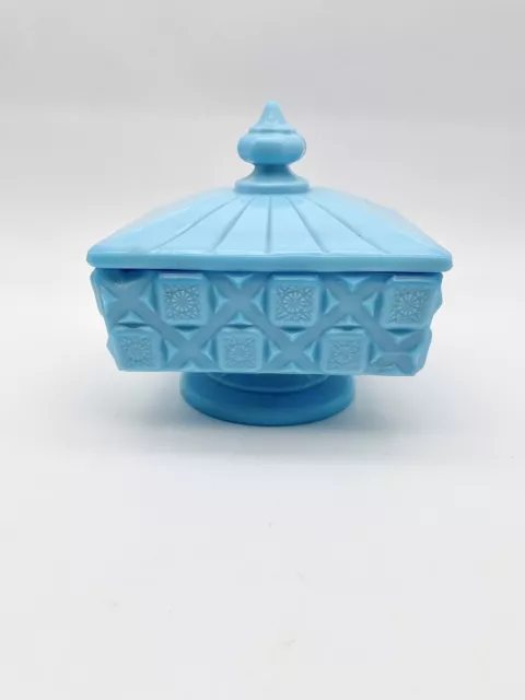 Vintage Westmoreland Blue Milk Glass Lidded Dish Square Old Quilt Pattern RARE