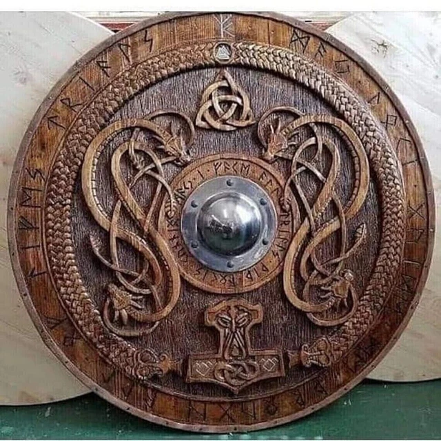 Wooden Viking Shield With Carved Norse Runic Ornaments Battleworn Wooden Shield