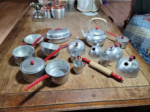 Vtg. Red Top Aluminum Toy Tea Pot, Measuring Cup, Cake Pans, Rolling Pin & More Vtg. Red Top Aluminum Toy Tea Pot, Measuring Cup, Cake Pans, Rolling Pin & More