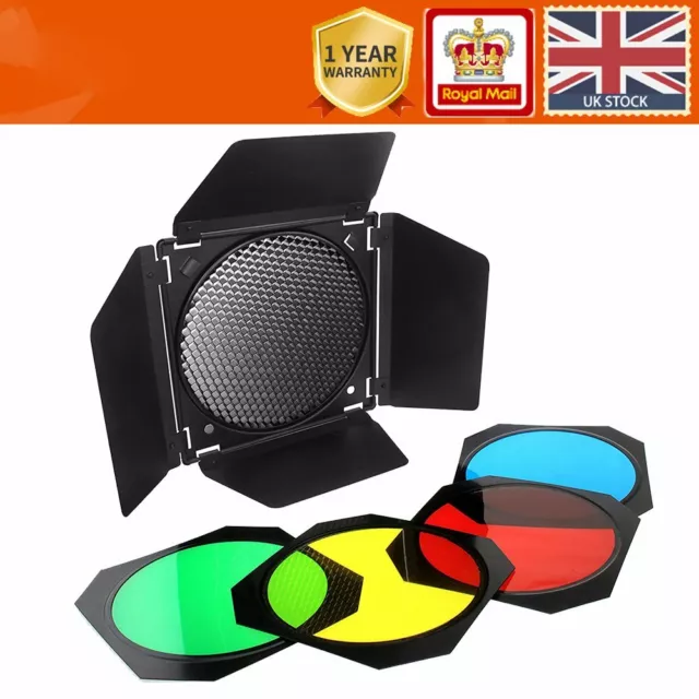 UK BD-04 Barn Door+Honeycomb Grid+4 Color Gel Filter for Studio Flash Reflector