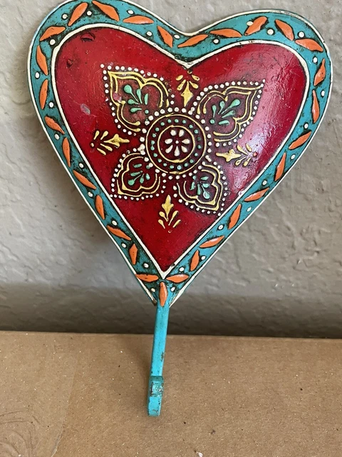 ENAMEL WALL MOUNT HOOK- Beautiful Heart Shaped Metal Hook Red- Multi Colored