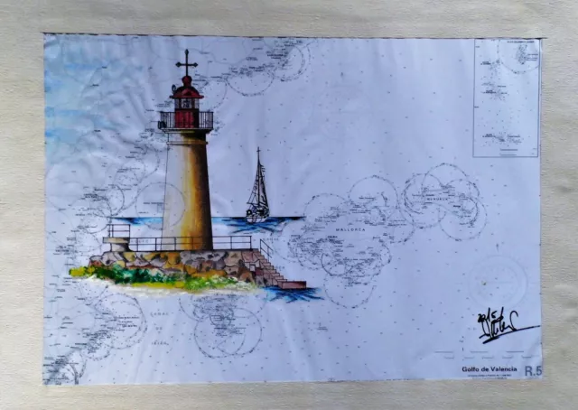 Maritime Grafik Seekarte, Leuchtturm Mallorca auf Seekarte Balearen