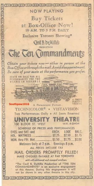 1956 The Ten Commandments University Theatre, Toronto, ON Original Vintage Ad.