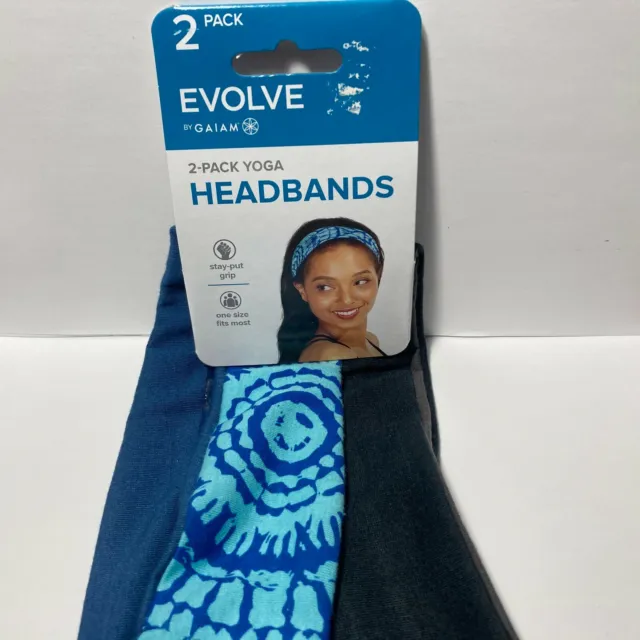 Evolve by Gaiam 2 Pack Yoga Hair Headbands 2" Stay Put Grip Blue Black