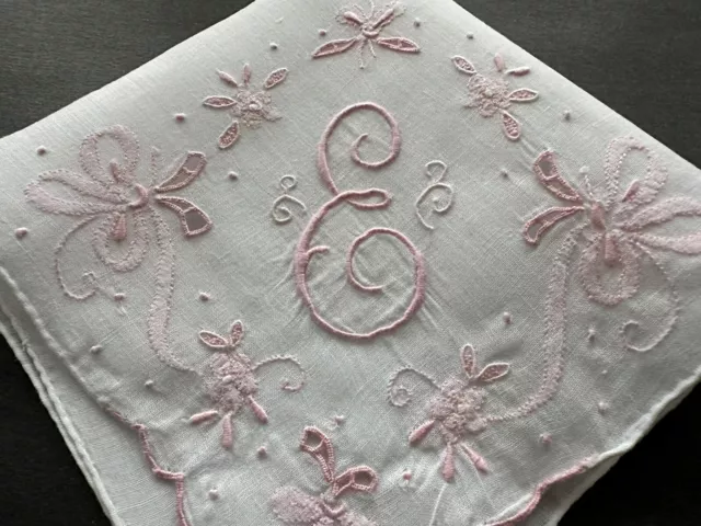 A+ Vintage White Hankie Pink Madiera Hand Embroidered Monogram E Wedding Bride