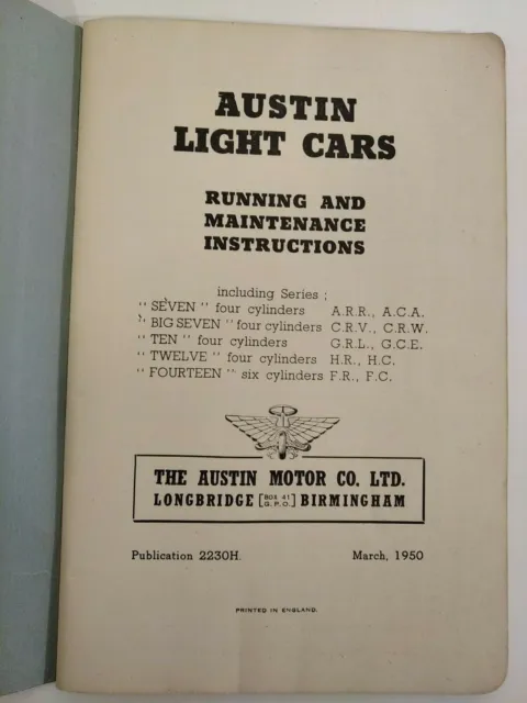 Austin Light Cars Running and Maintenance Instructions 1950 3
