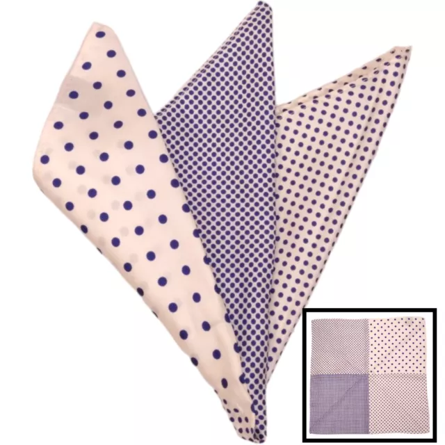 Mens 100% Silk Handkerchief Pocket Square White Blue Polka Dot 4 Panel Hanky 13"