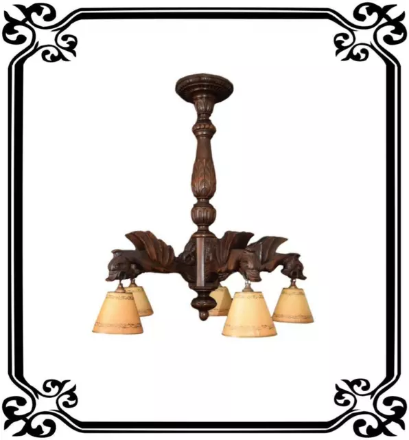 French Gothic Hand Carved Wood Large Chandelier - Victorian Ceiling Light
