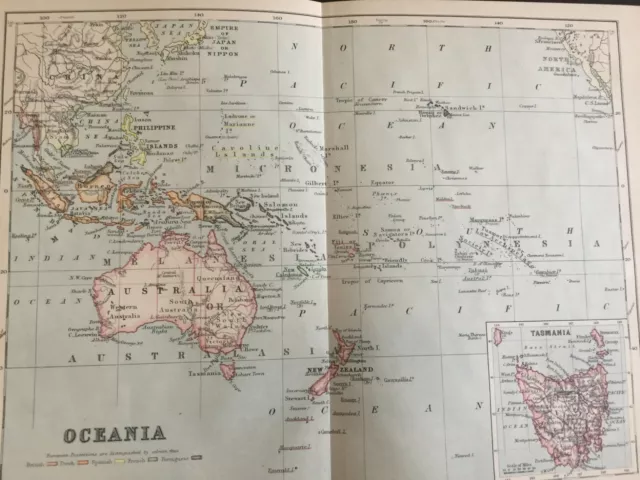 Antique Map Oceania & Tasmania Australia Colour Map Of The World Dated 1887