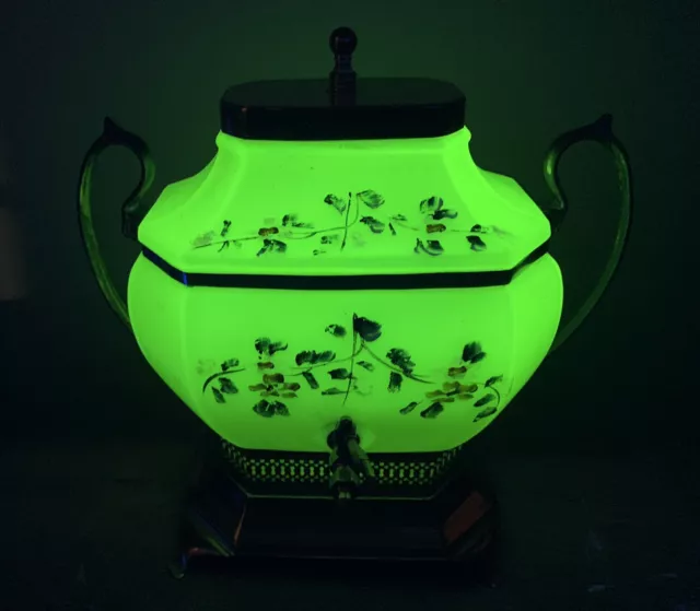 Uranium Glass Vaseline Cambridge Painted samovar -rare