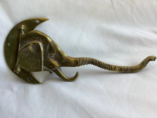 Vintage Original Brass Two Sided Elephant Coat Hook Crescent Moon Swivel Mount