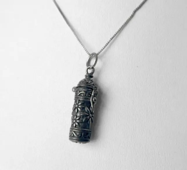 Sterling Cylinder Prayer Ash Memory Wish Box Pendant Locket Necklace 18" Floral