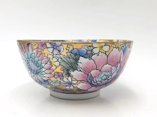 Vintage Macau Chinese Porcelain Enamel Hand Painted Bowl 7 3/4" Floral Design