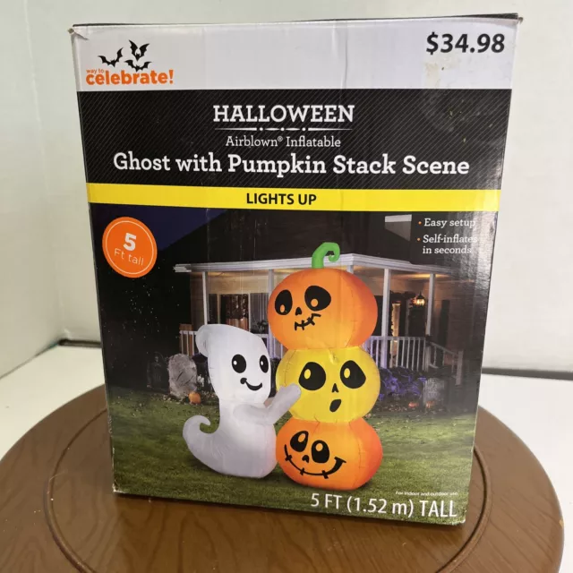 Airblown Inflatable Halloween Ghost With Pumpkin Stack 5ft Gemmy Tested