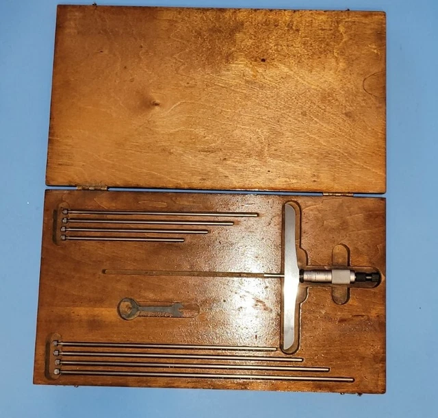 NICE Starrett Depth Micrometer 445 0-9 in. 6 in Base wooden case USA Mic