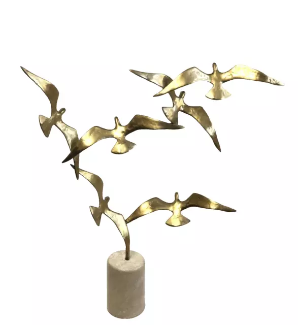 Rare Large Mid Century Bijan Brass Birds In Flight Sculpture With Marble Base