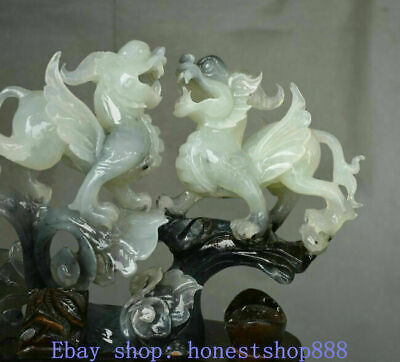 12" China Natural Xiu Jade Jadeite Feng Shui Pixiu Fly Beast Wealth Statue Pair 2
