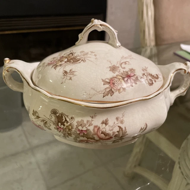 ANTIQUE VNTG ALFRED MEAKIN ROYAL SEMI-PORCELAIN ENGLAND LIDDED BOWL dusty rose,